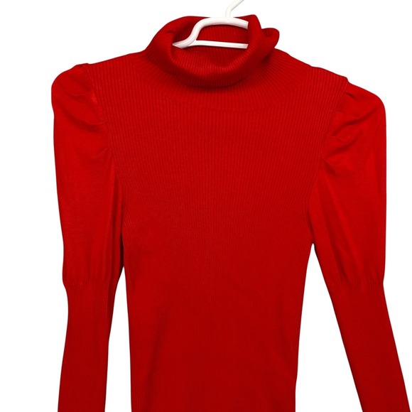 Anthropologie Red Ribbed Turtleneck Puff Shoulder Sweater Medium Long Sleeve - Picture 9 of 13